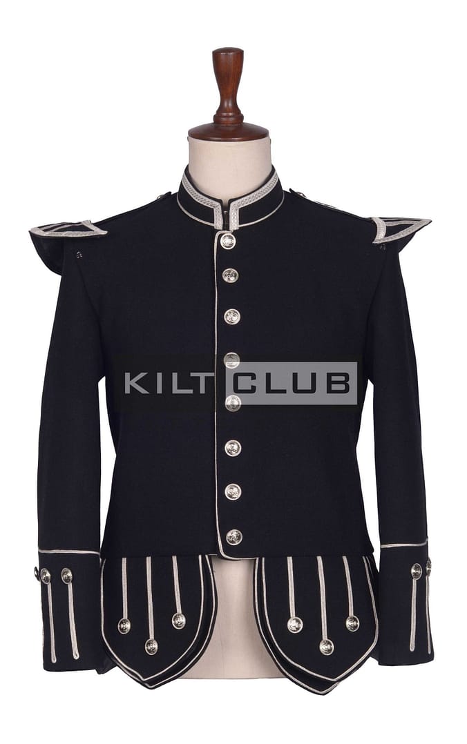 Black Wool Silver Braided Scottish Military Piper Doublet