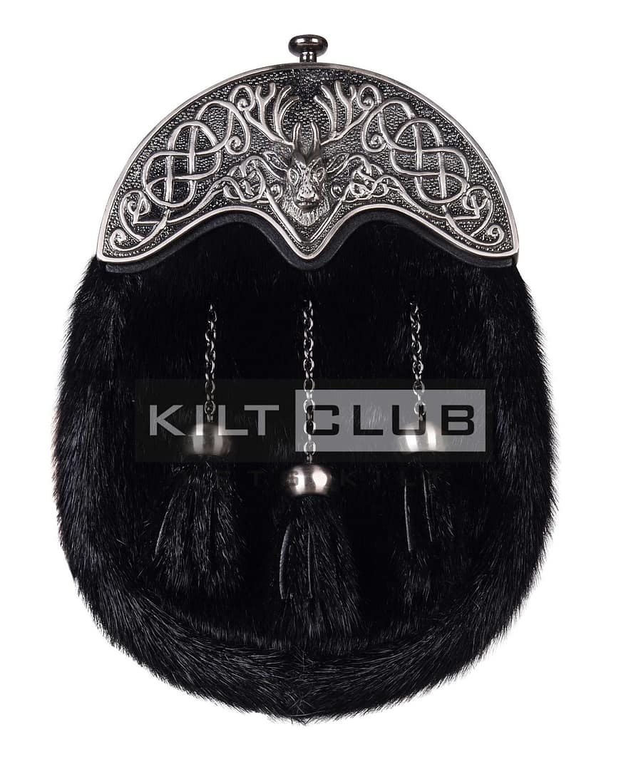 Nickle Brushed Stag Head Black Seal Fur Full Dress Sporran