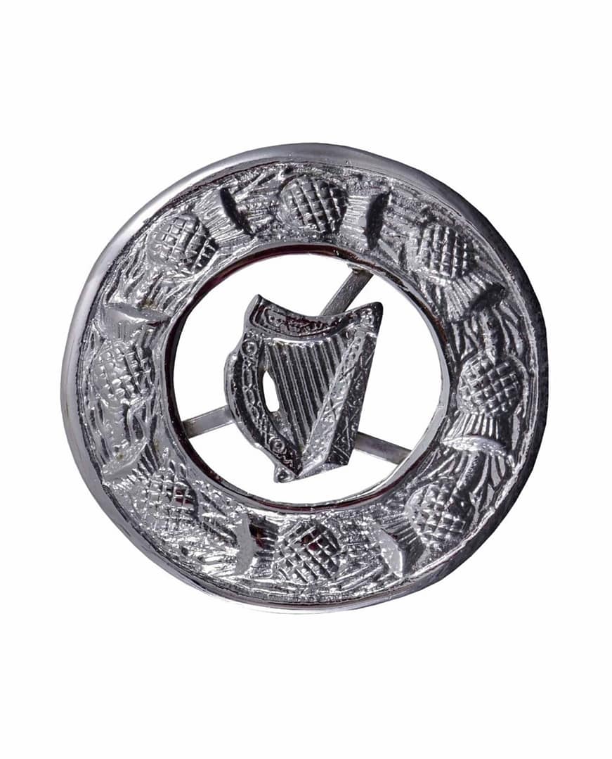 Scottish Antique Pin Irish Harp Brooch Chrome