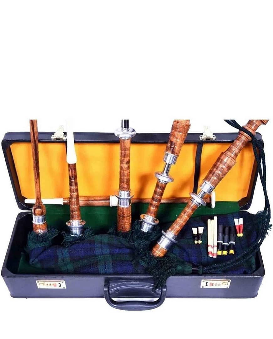 Scottish Bagpipe Black Watch Tartan Silver Plain Mounts