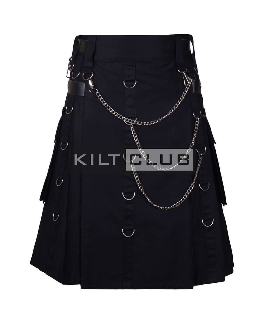 Black Cotton Silver Chains Gothic Kilt